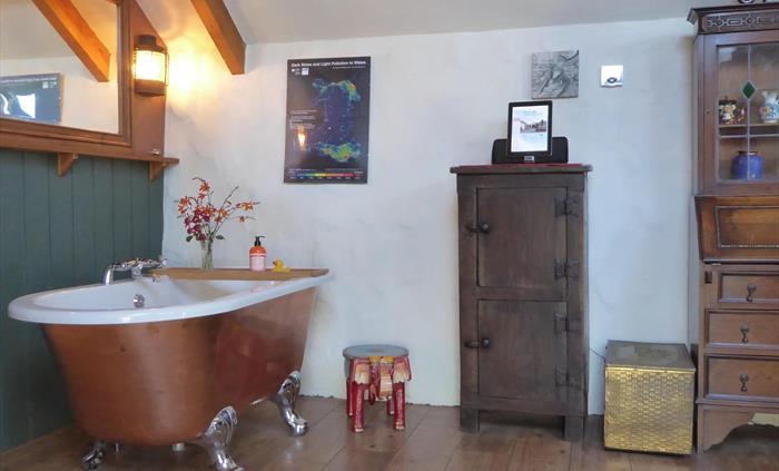 Free-standing roll-top bath and a Indian Elephant on the floor. To right is a bookcase and writing writing bureau.